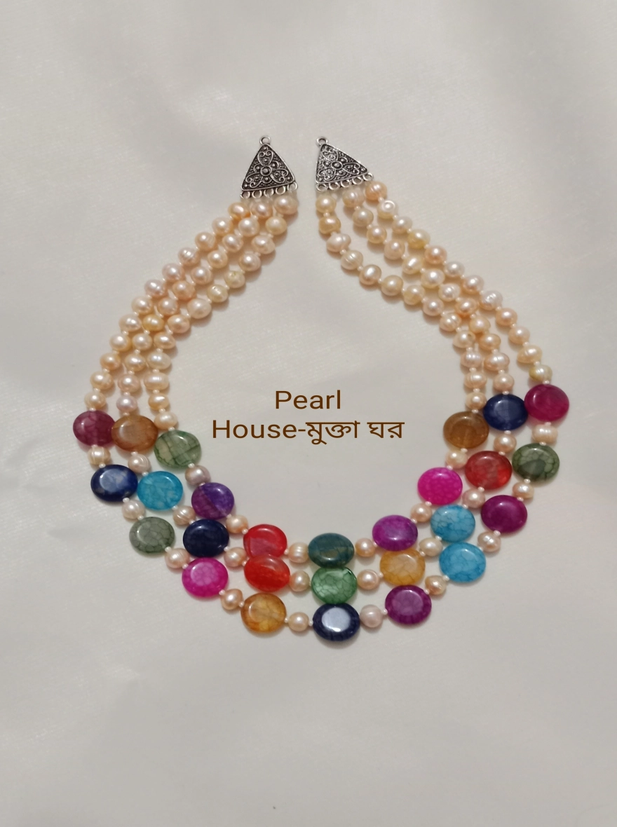 Original Pearl and Multicolor Agate Stone 3 layer Necklace