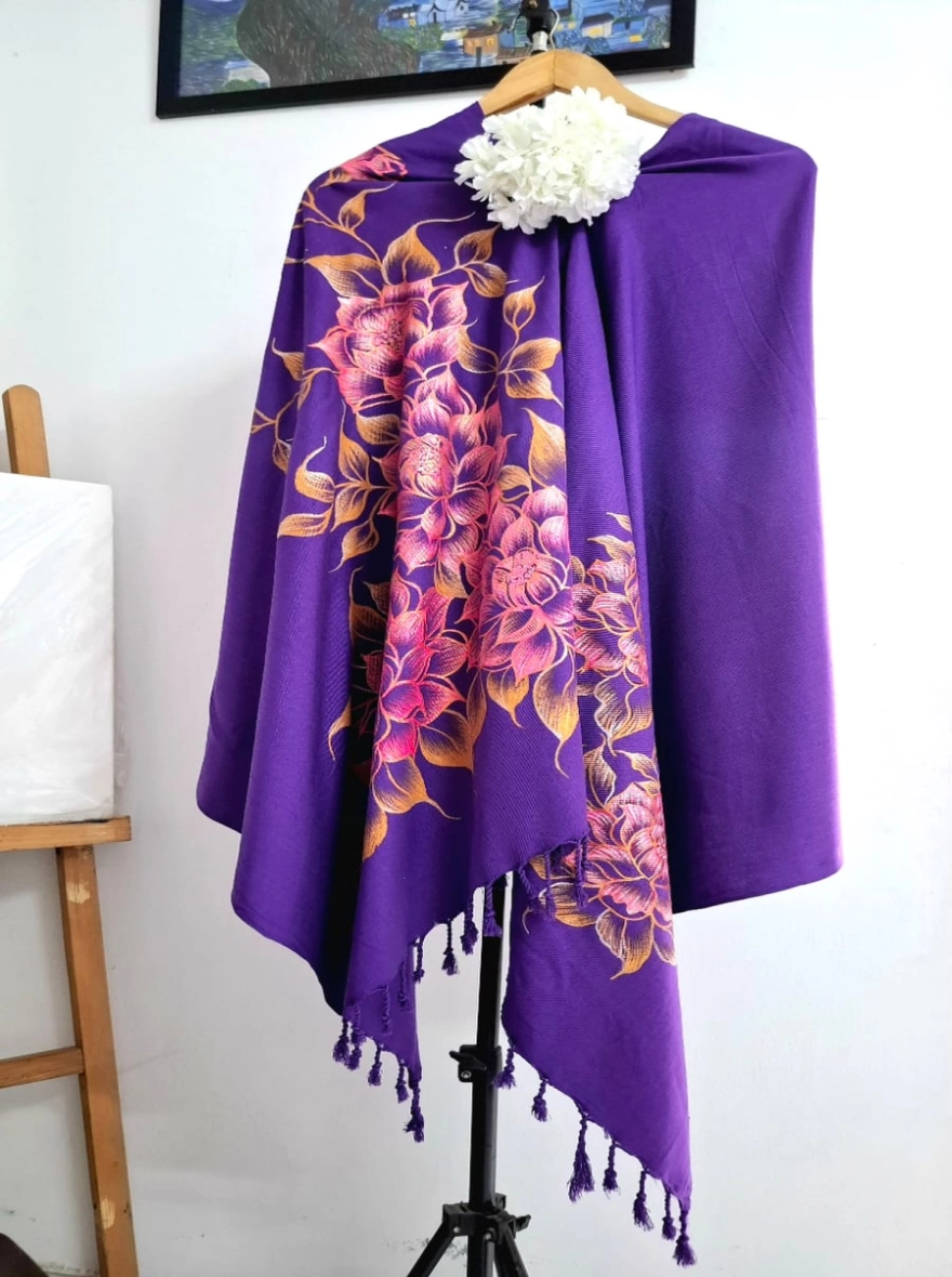Royal Violet Hand-Painted Floral Winter Shawl