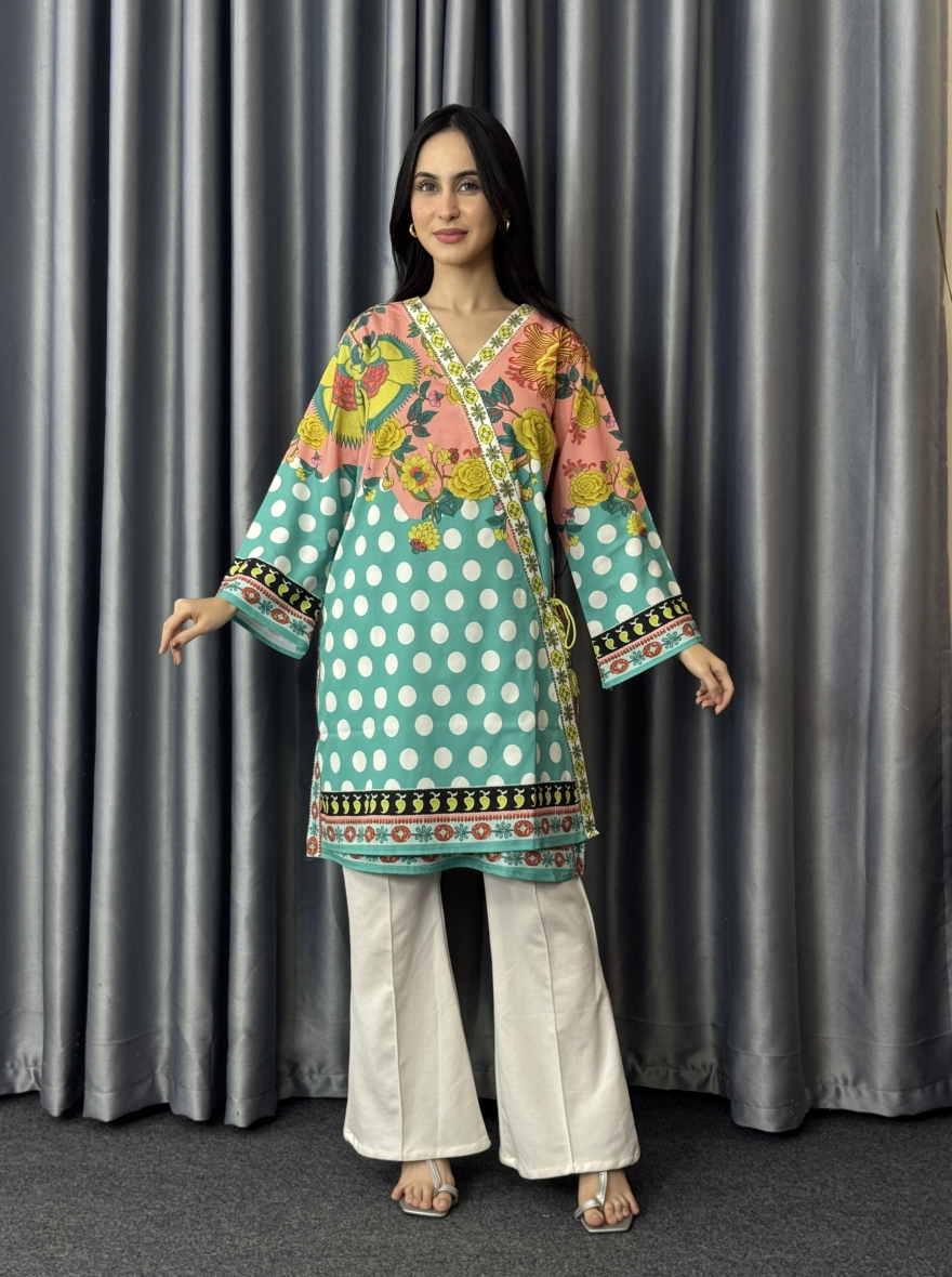 Peach Blossom & Teal Polka Angrakha Kurti