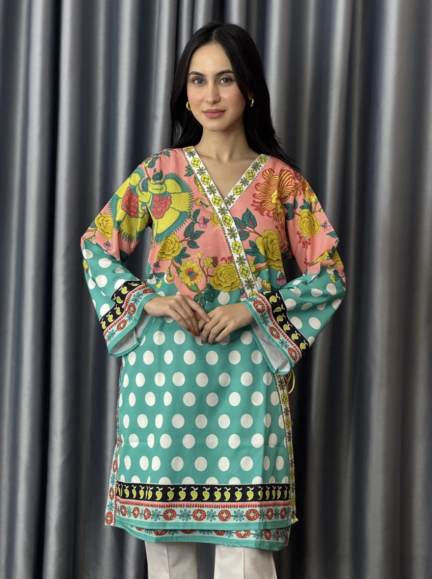 Peach Blossom & Teal Polka Angrakha Kurti