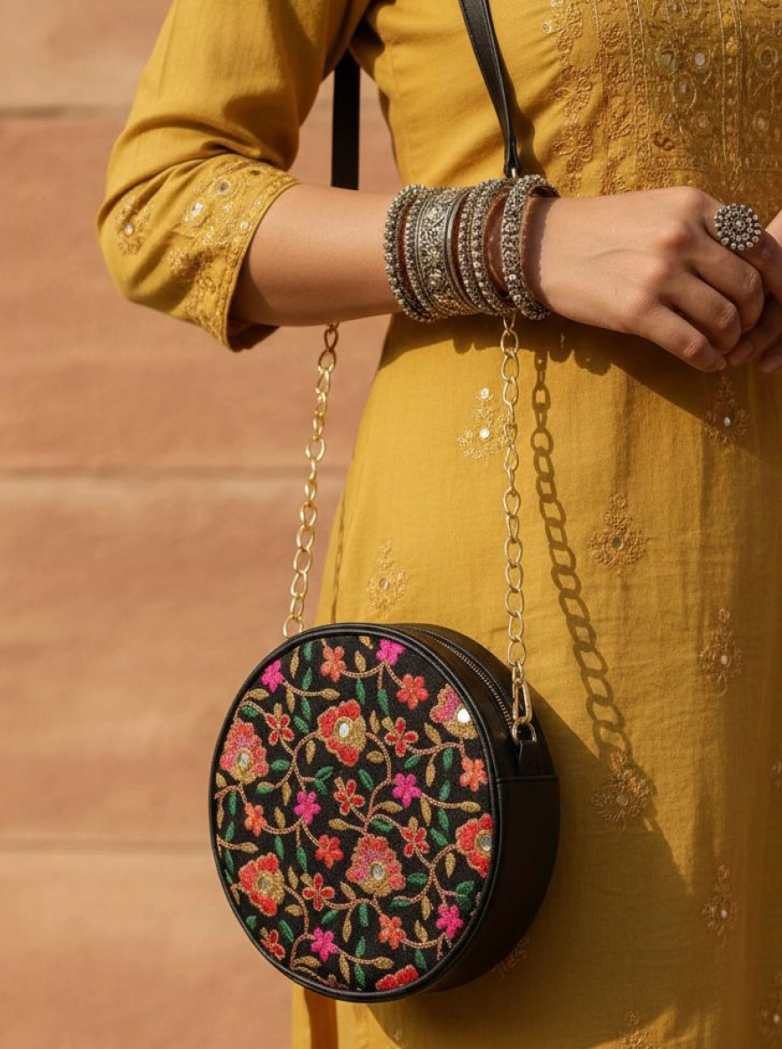 Midnight Garden Circular Embroidered Crossbody Bag