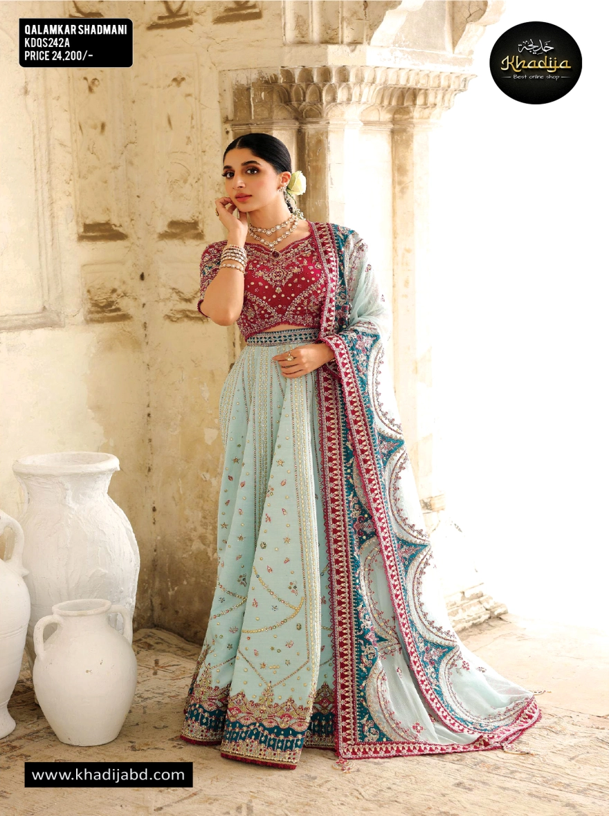 Qalamkar Shadmani (Light Blue & Maroon)-Unstitched