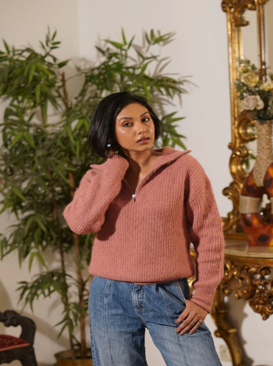 Rose Pink Quarter Zip Sweater