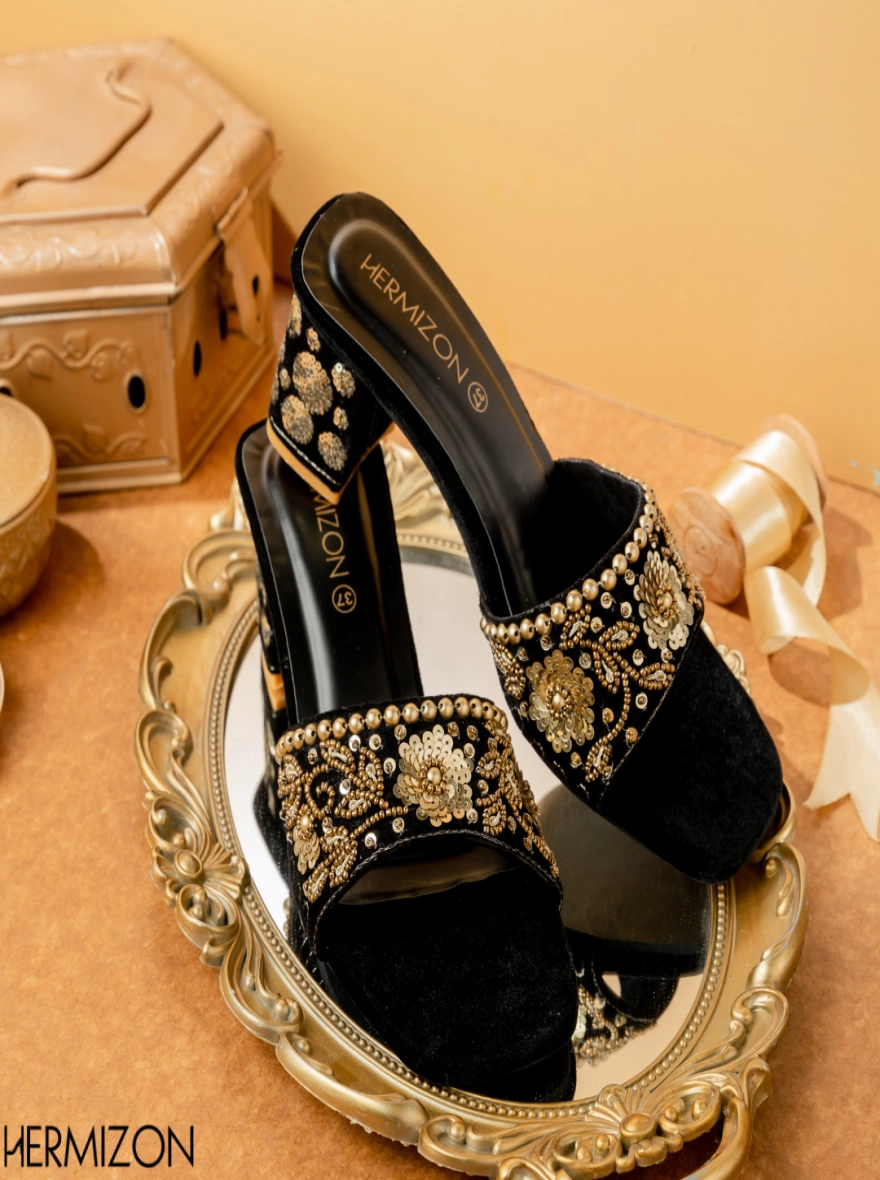 Kavya Floral Sequin Block Heels