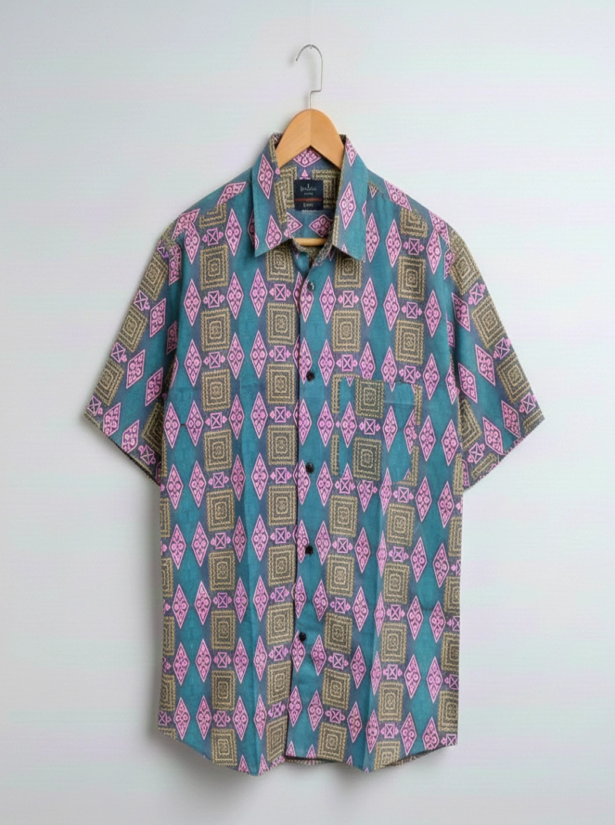 Men’s Mixed Geometric Taat Half Shirt – Teal & Pink