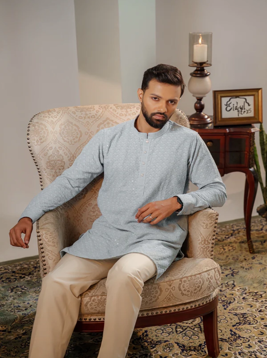 Ayaaz Embroidered Panjabi – Steel Blue