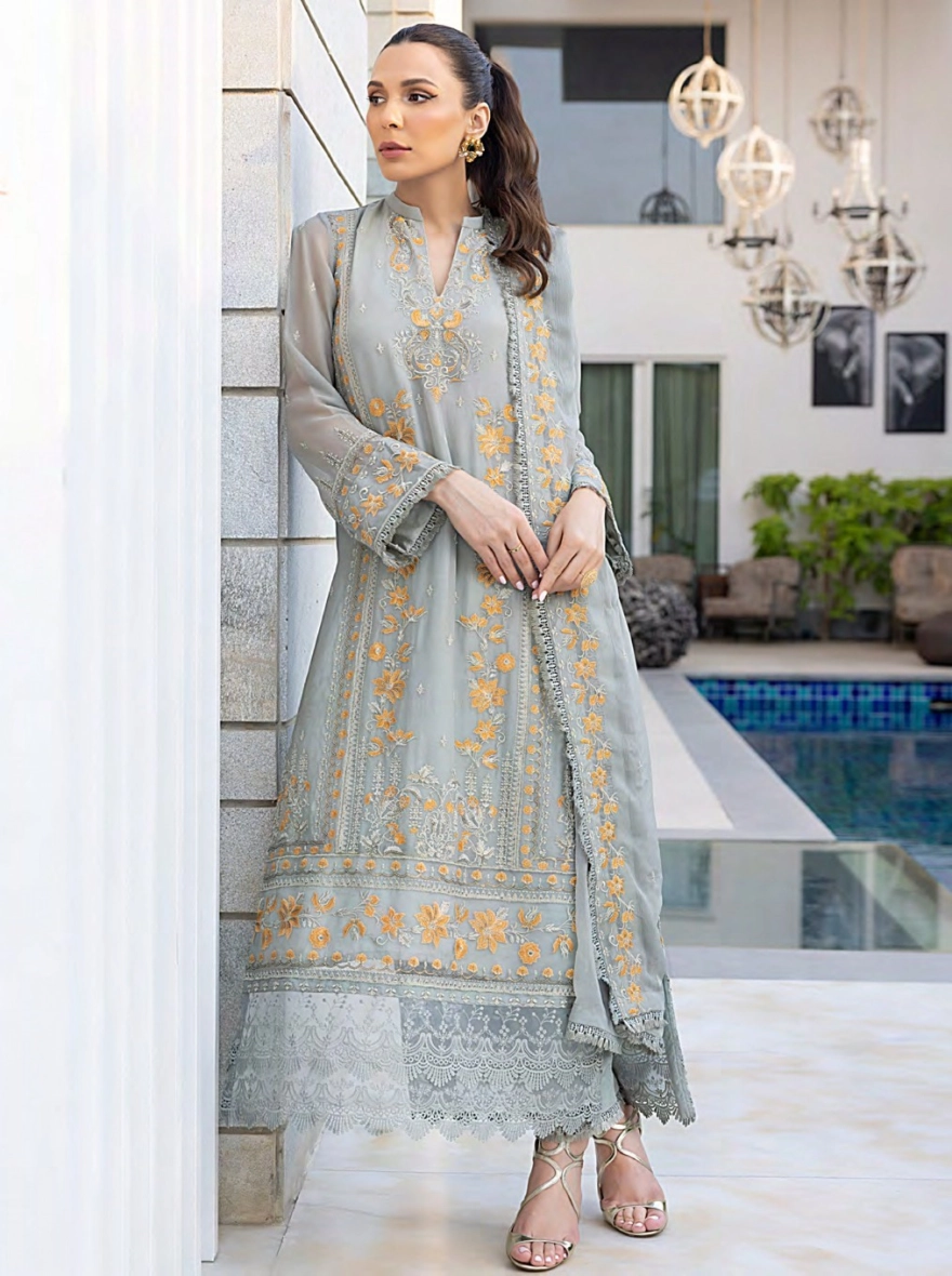 Mauve Blossom Embroidered Georgette 3-Piece Suit-Unstitched