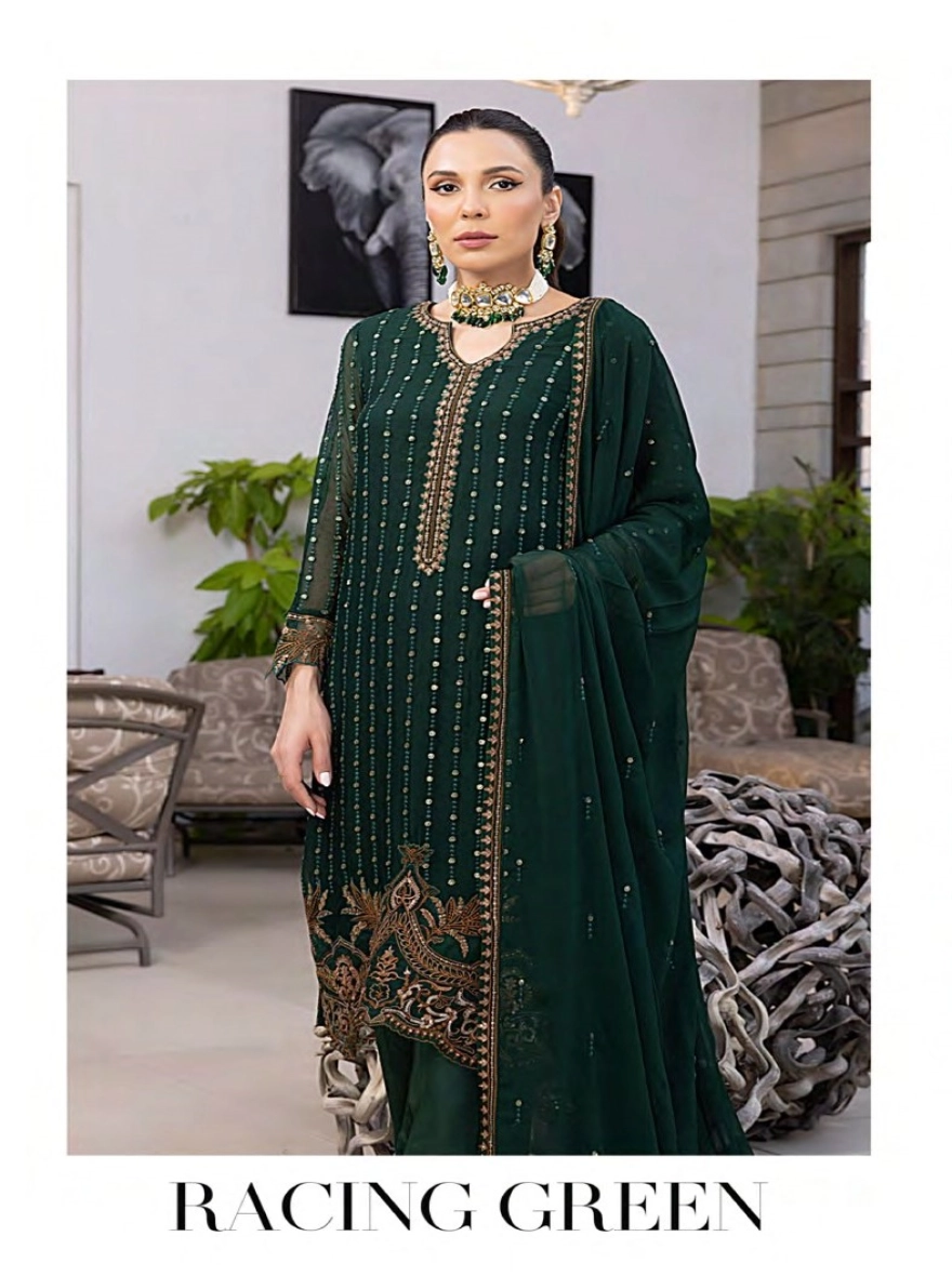 Emerald Elegance Hand-Embroidered 3-Piece Georgette Suit-Unstitched
