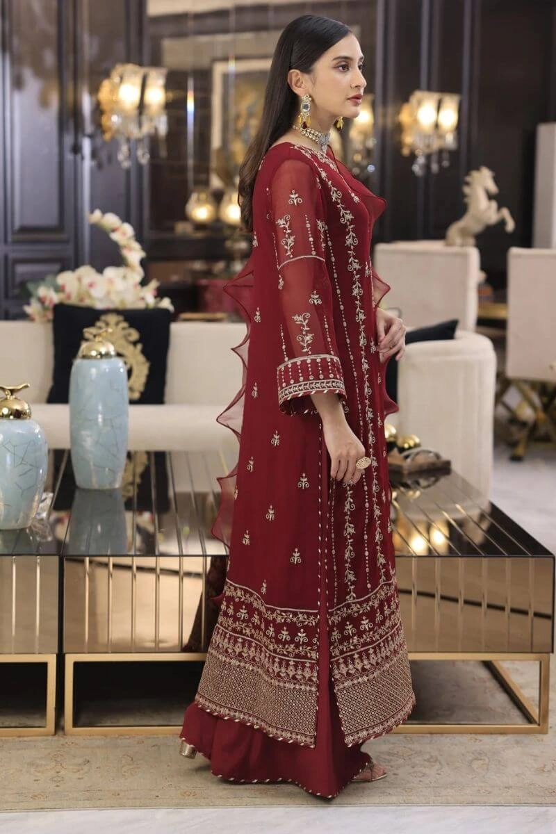 Royal Maroon Zari Embroidered 3-Piece Georgette SuitUnstitched