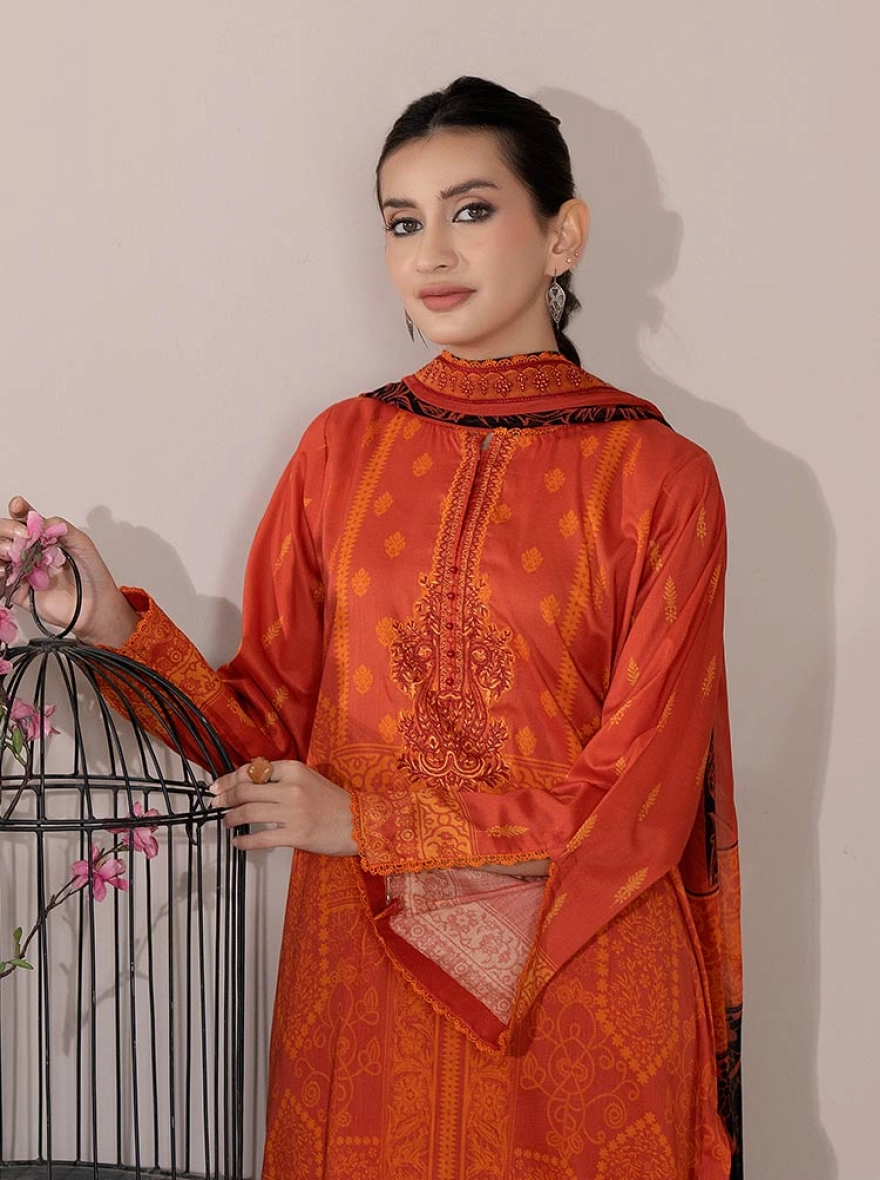 Binaas Varda Digital Printed Unstitched Lawn Three Piece Suit - Sunset Orange