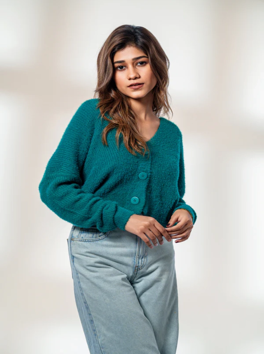 Fuzzy Teal Oversized Cardigan