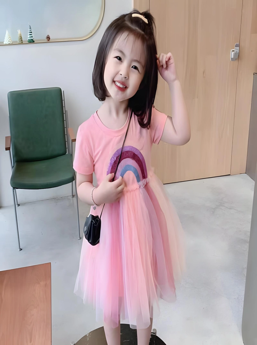 Imported Gorgeous Rainbow Design Pink Frock (China)