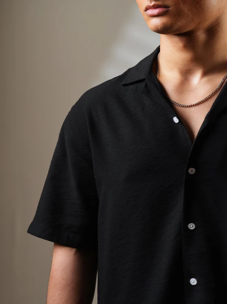 Obsidian Black Textured Cuban Shirt
