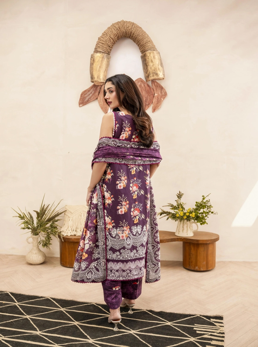Firdous Special Edition – Plum Regal Flora 3-Piece Suit-Unstitehed
