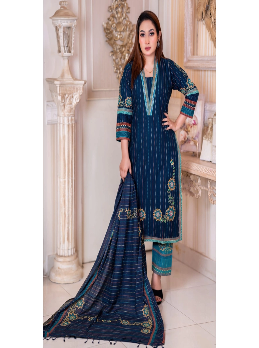 Artisanal Block-Print & Embroidered Taat Cotton 3-Piece