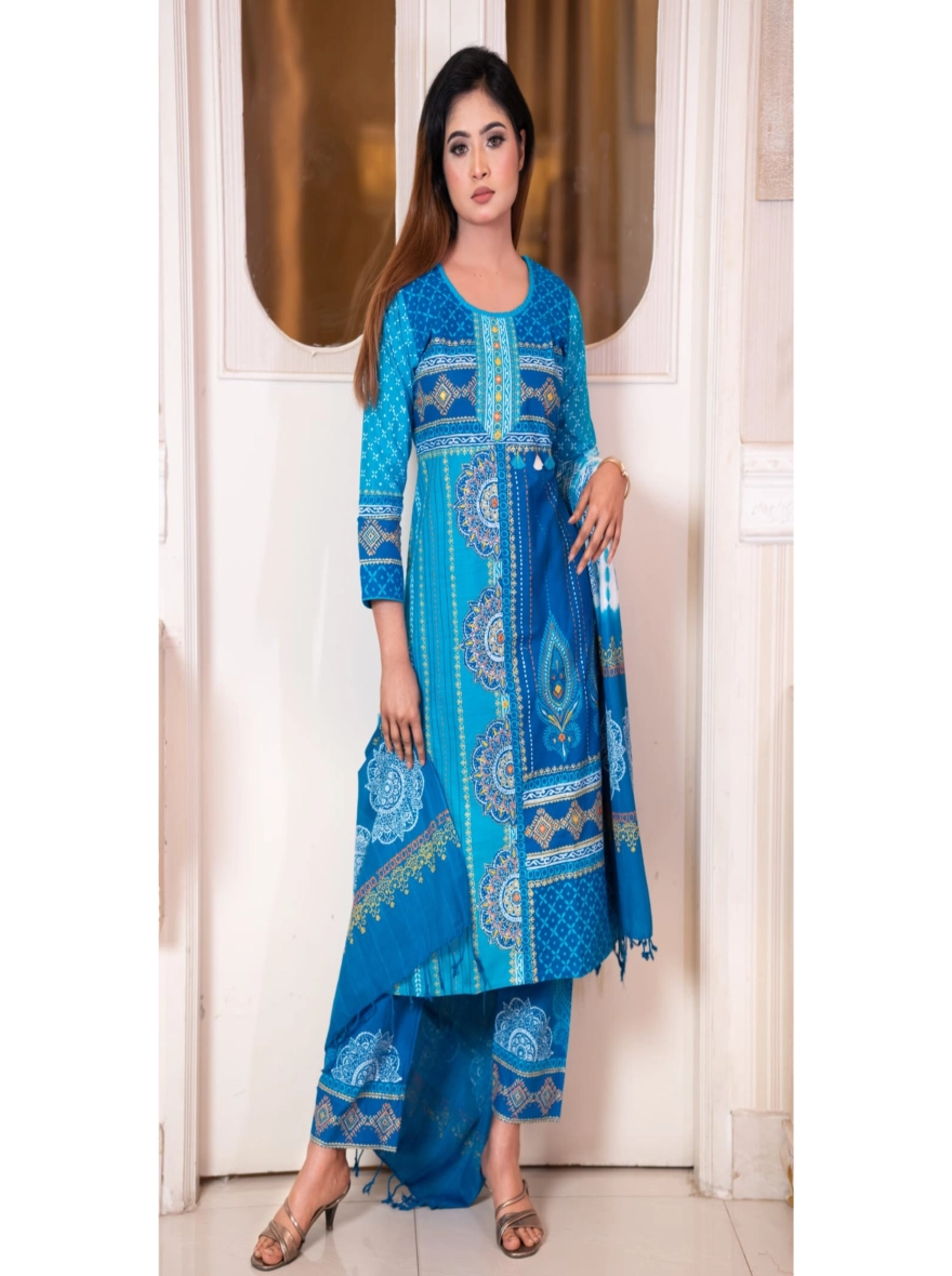 Elegant Block-Printed & Embroidered Taat Cotton 3-Piece