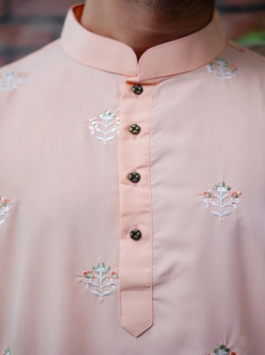 Amir All-Over Embroidered Kurta – Peach/Apricot