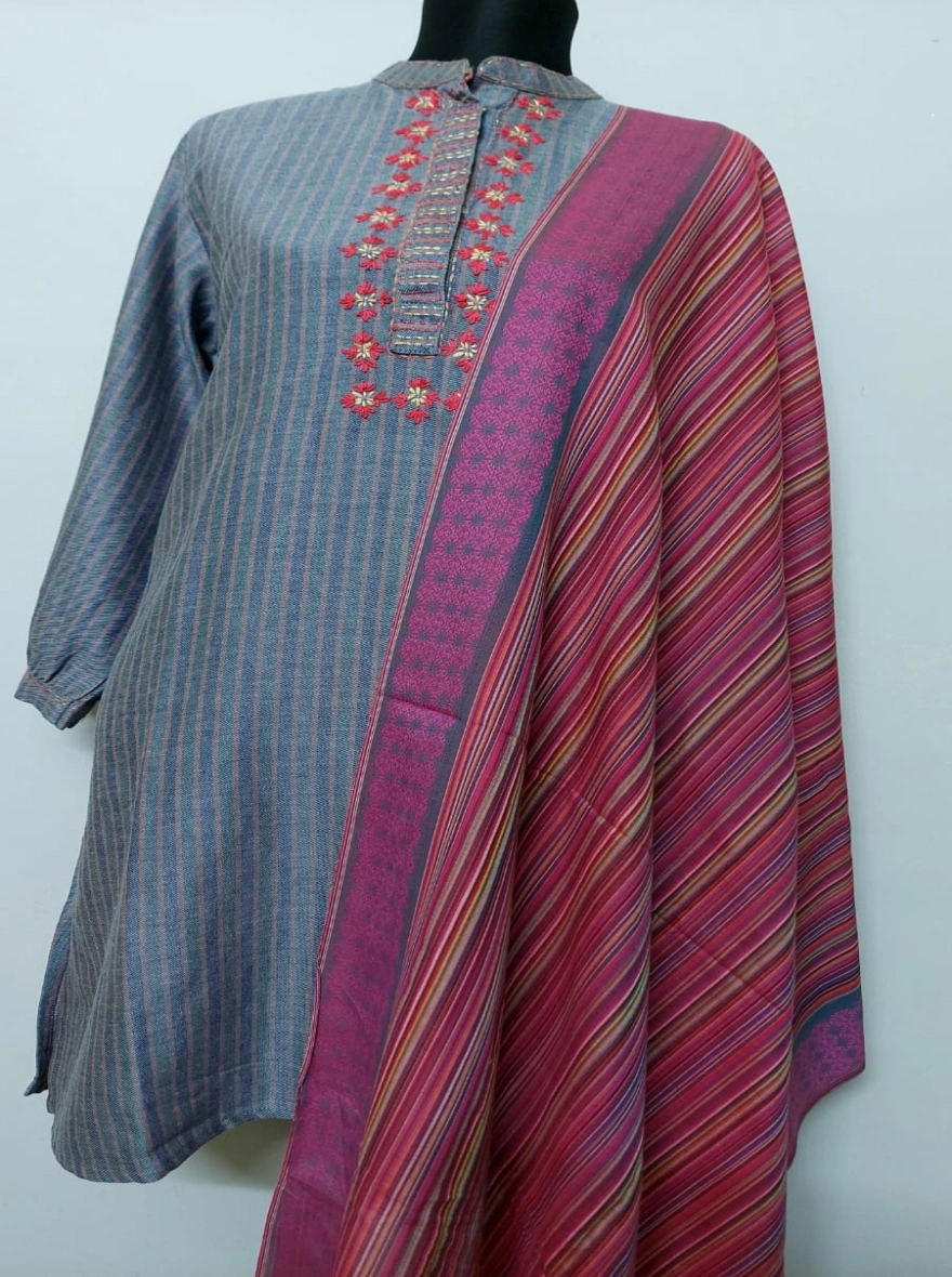 Midnight Teal Blossom Kurti with Striped Silk-Touch Dupatta