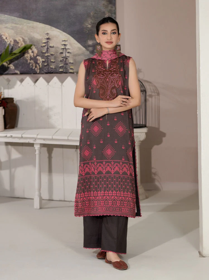 Binaas Varda Digital Printed Unstitched Lawn 3-Piece Suit - Pink x Black