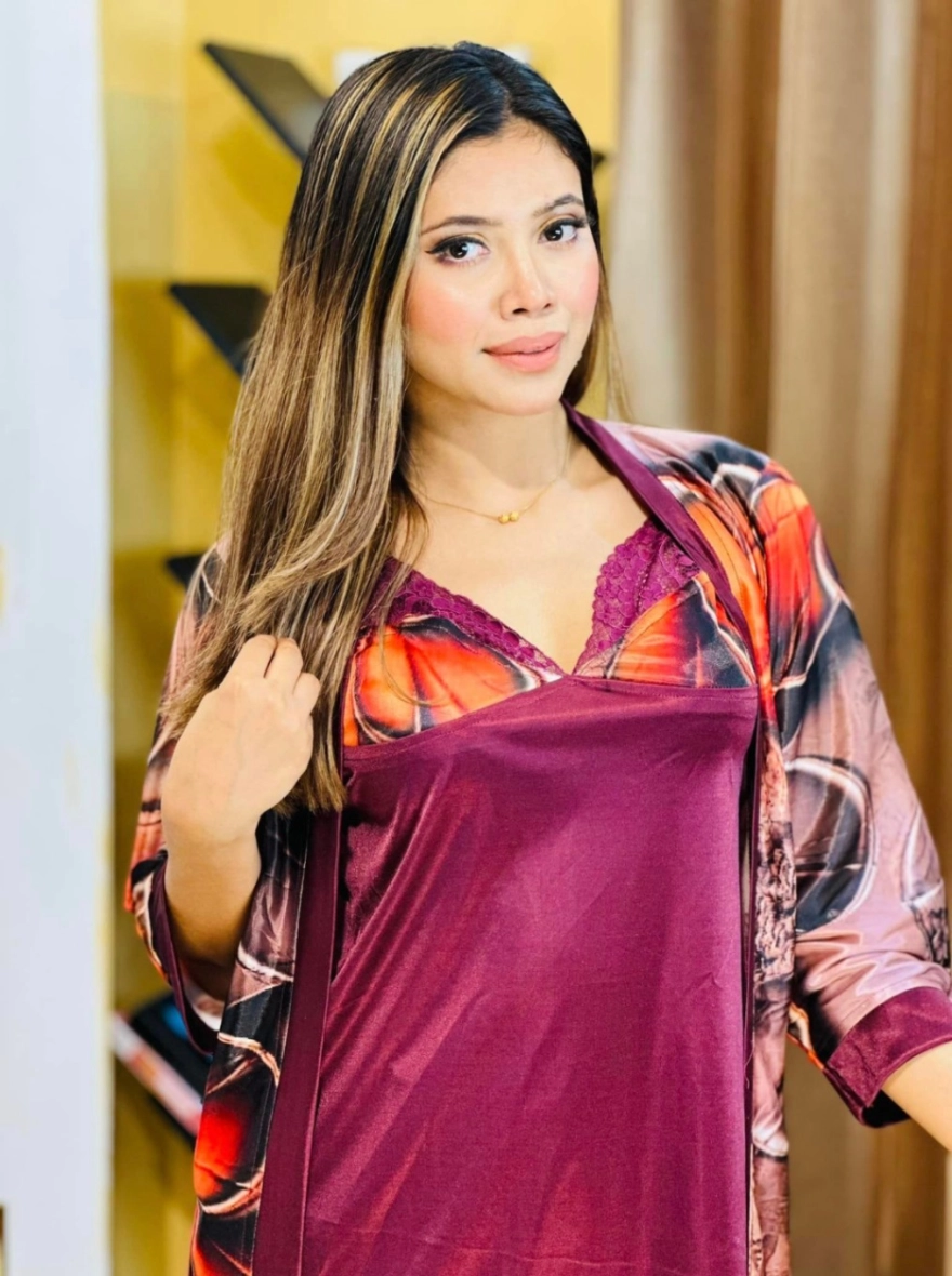 Premium 3-Piece Silk Nightwear Set - Floral Digital Print