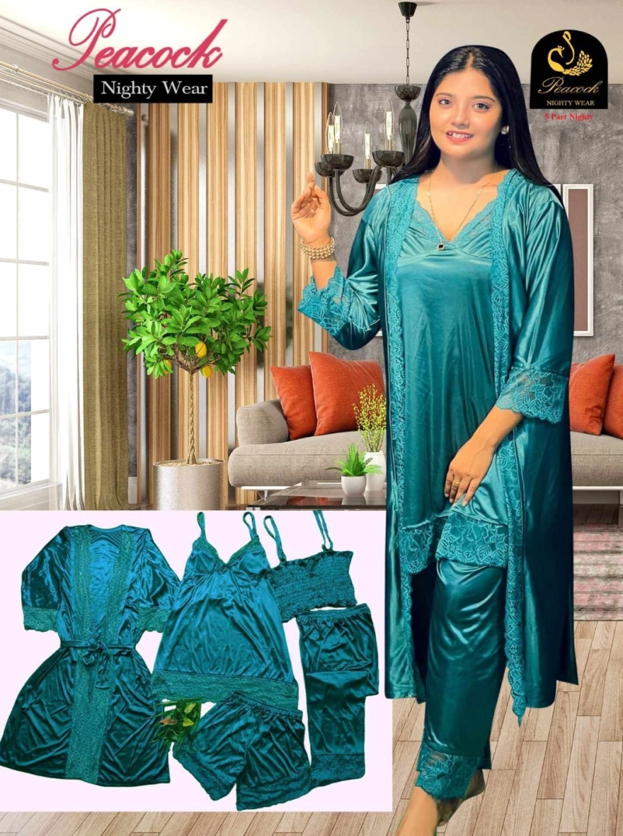 Premium 5-Piece China Glazy Silk Nightwear Set