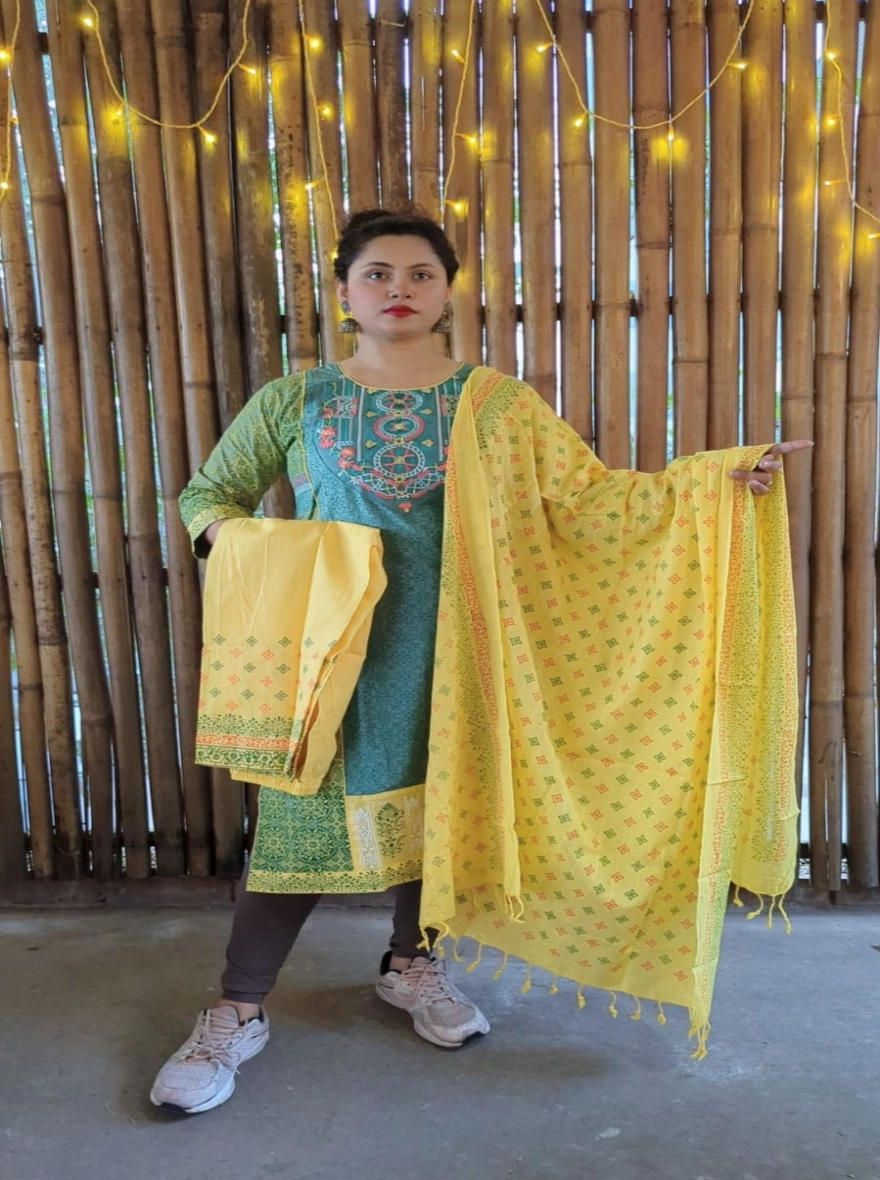Emerald Green & Mustard Aarong Cotton Readymade Three-Piece