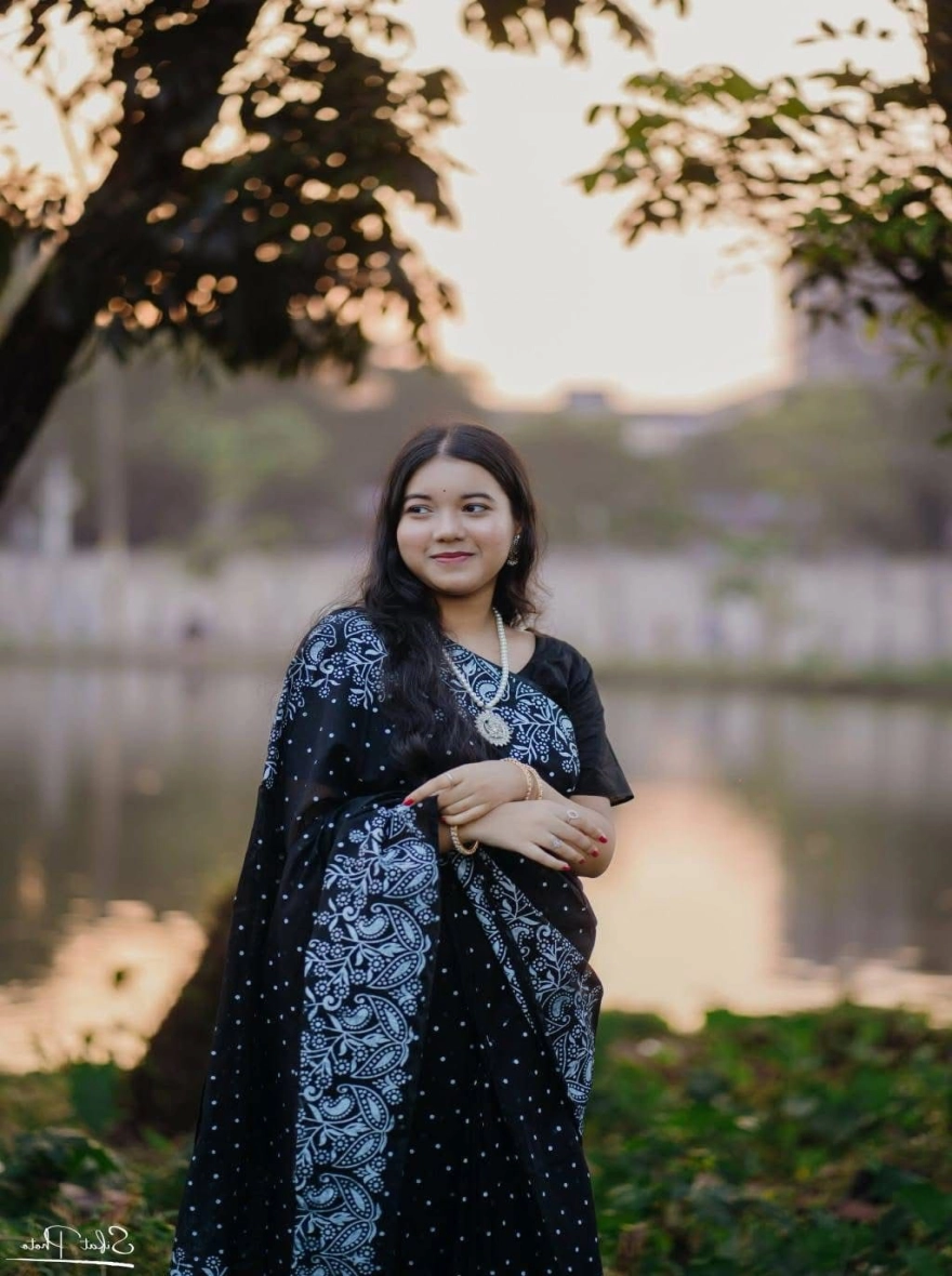 Women's Exclusive Black Afsan Print Saree - Elegant Silver Motif Edition