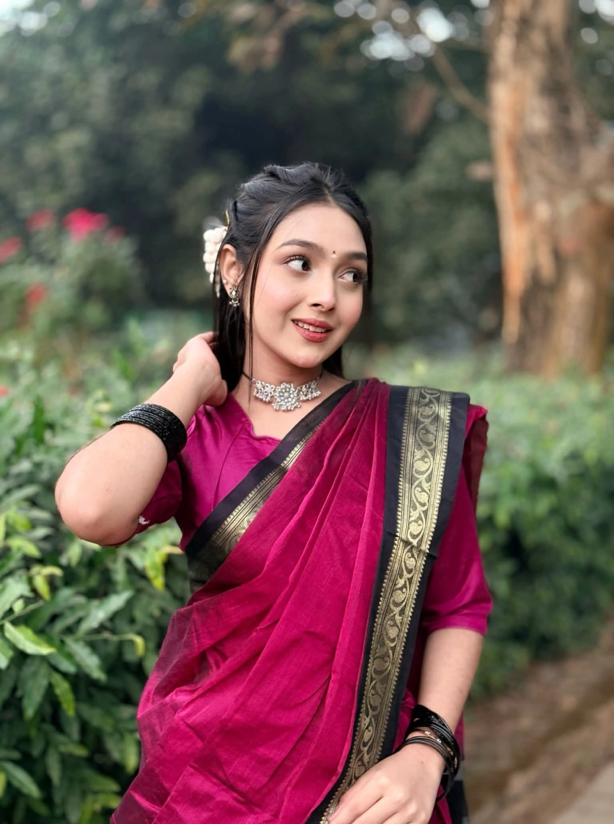 Women's Tangail Tat Madurai Maslaice Cotton Saree – Elegant Maroon & Golden Zari