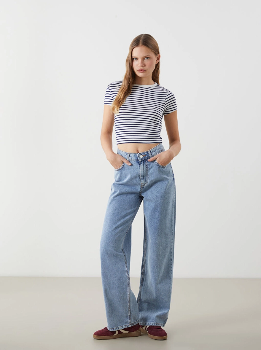 Crew Neck Striped Women's Tops | White and Navy Blue