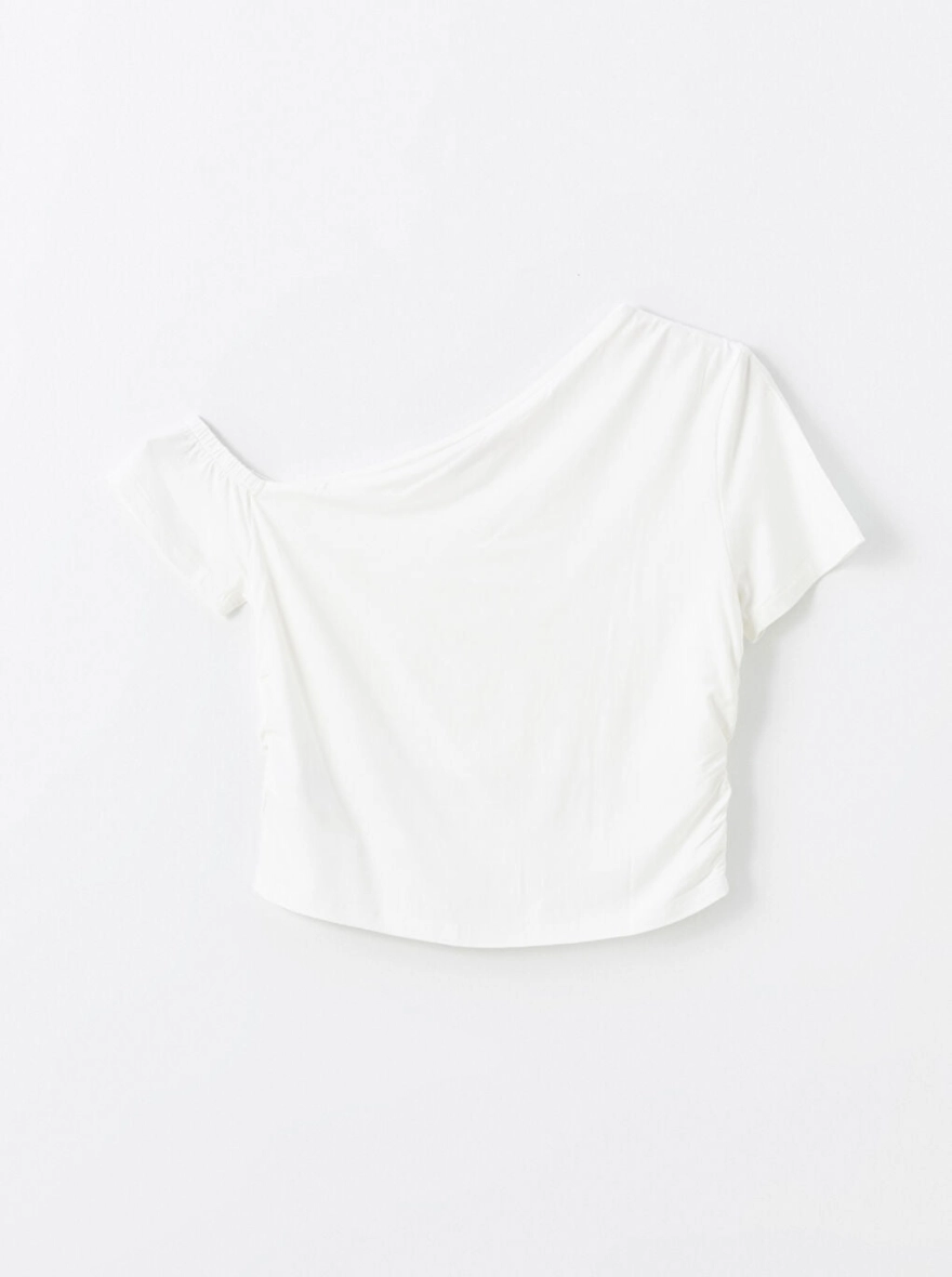 Slash Neck Plain Short Sleeve Crop Tops | White