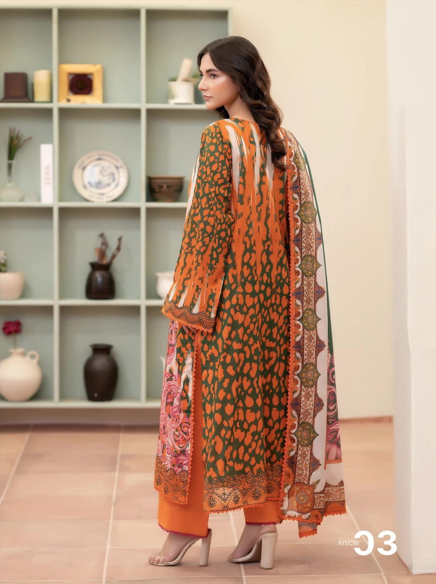 Pakistani Morja by Gulljee – Unstitched 3 Piece Embroidered Printed Lawn Suit (Orange)