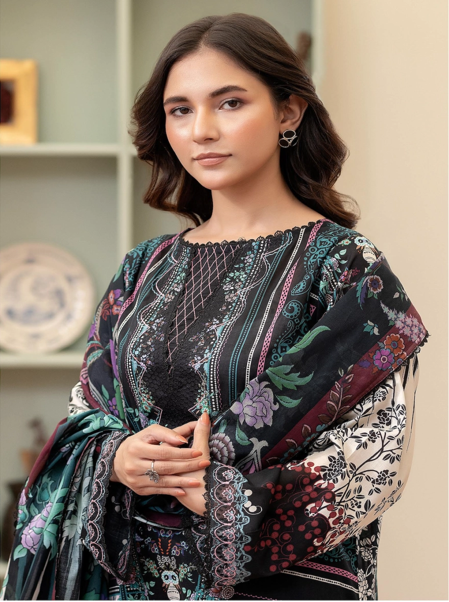 Midnight Ebony & Blush Digital Printed Embroidered Unstitched 3-Piece Lawn Suit