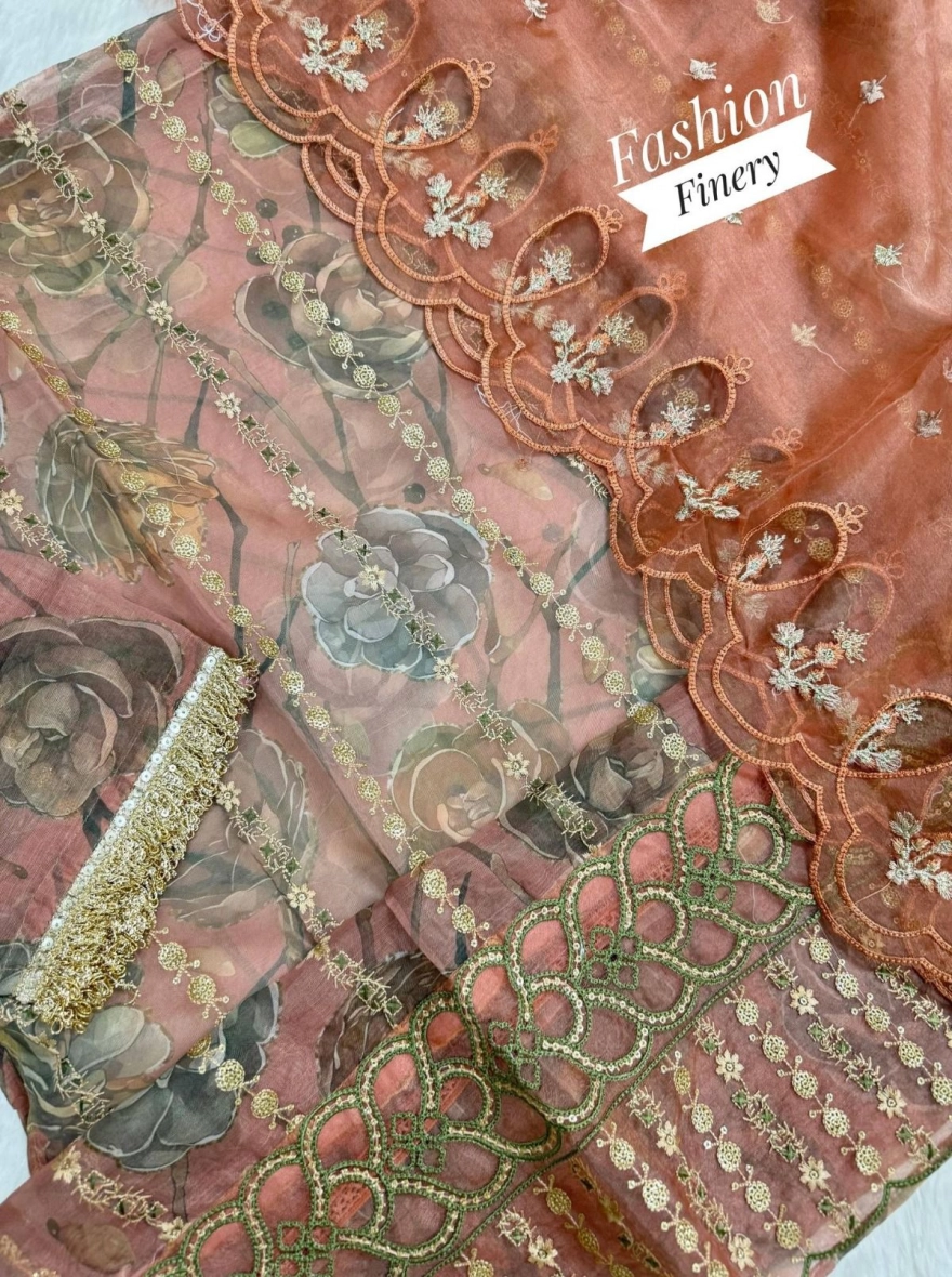 Royal Wine Embroidered Organza Suit Set-Unstitched