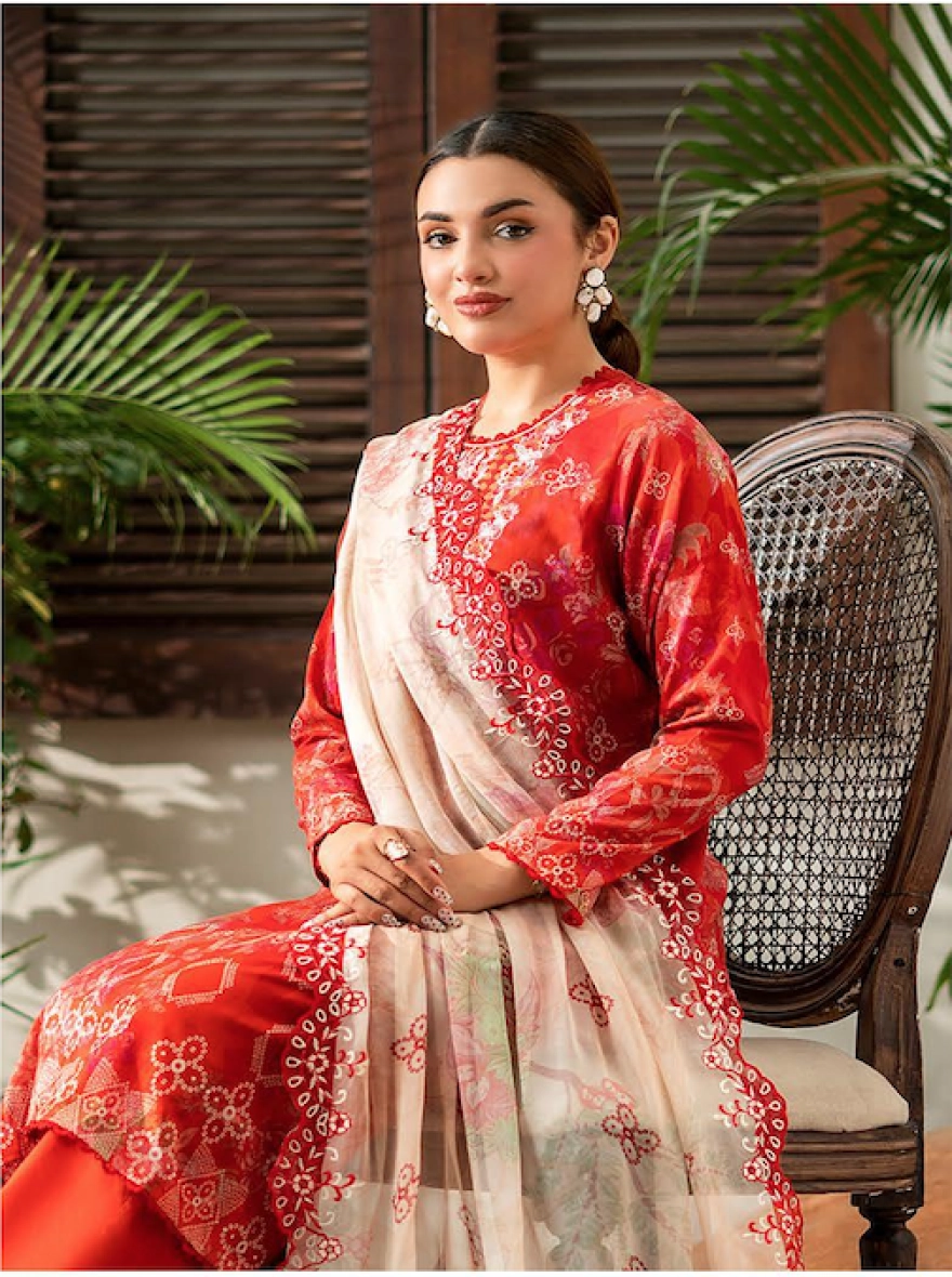  Pakistani RangPasand by Gulljee Embroidered 3-Piece- Crimson Red-unstitched