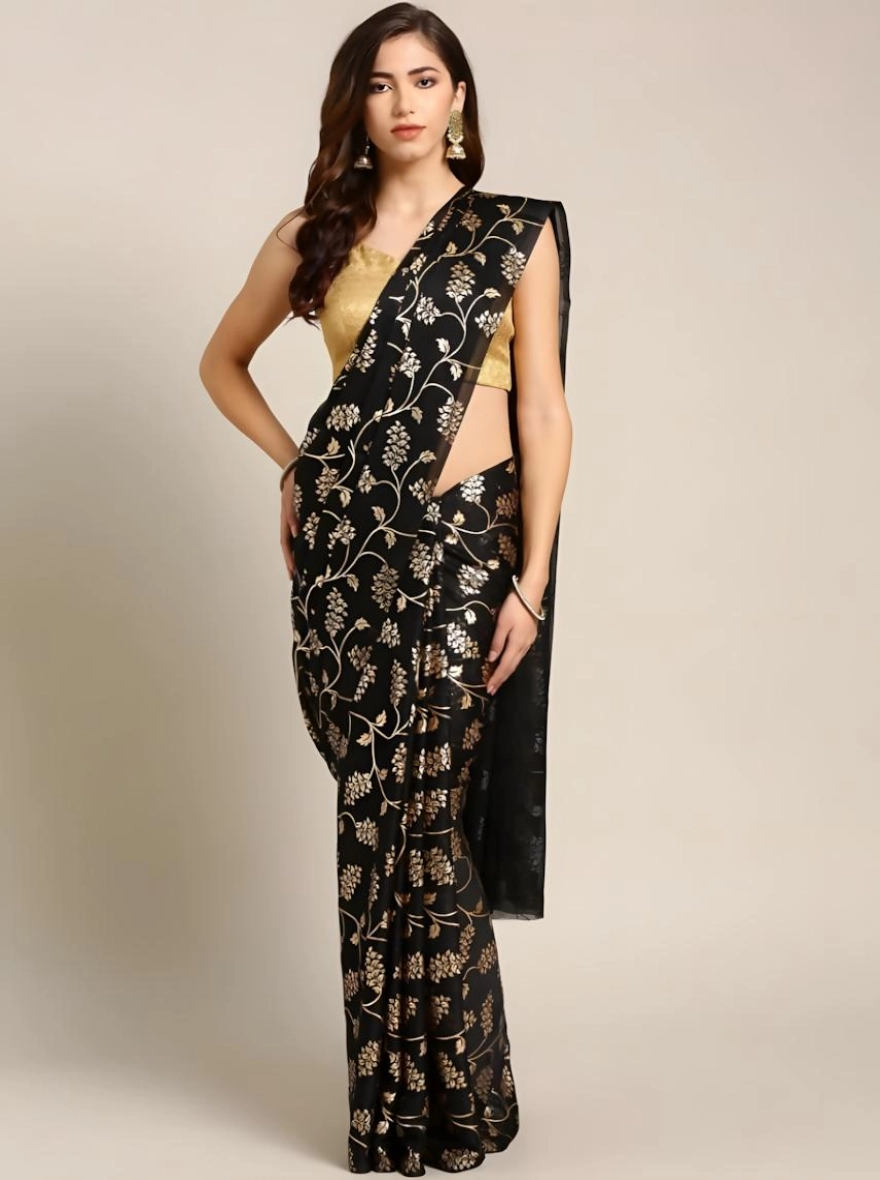 Soft Silk Screen Printed Premium Katan Sharee with Blouse - Woodsmoke