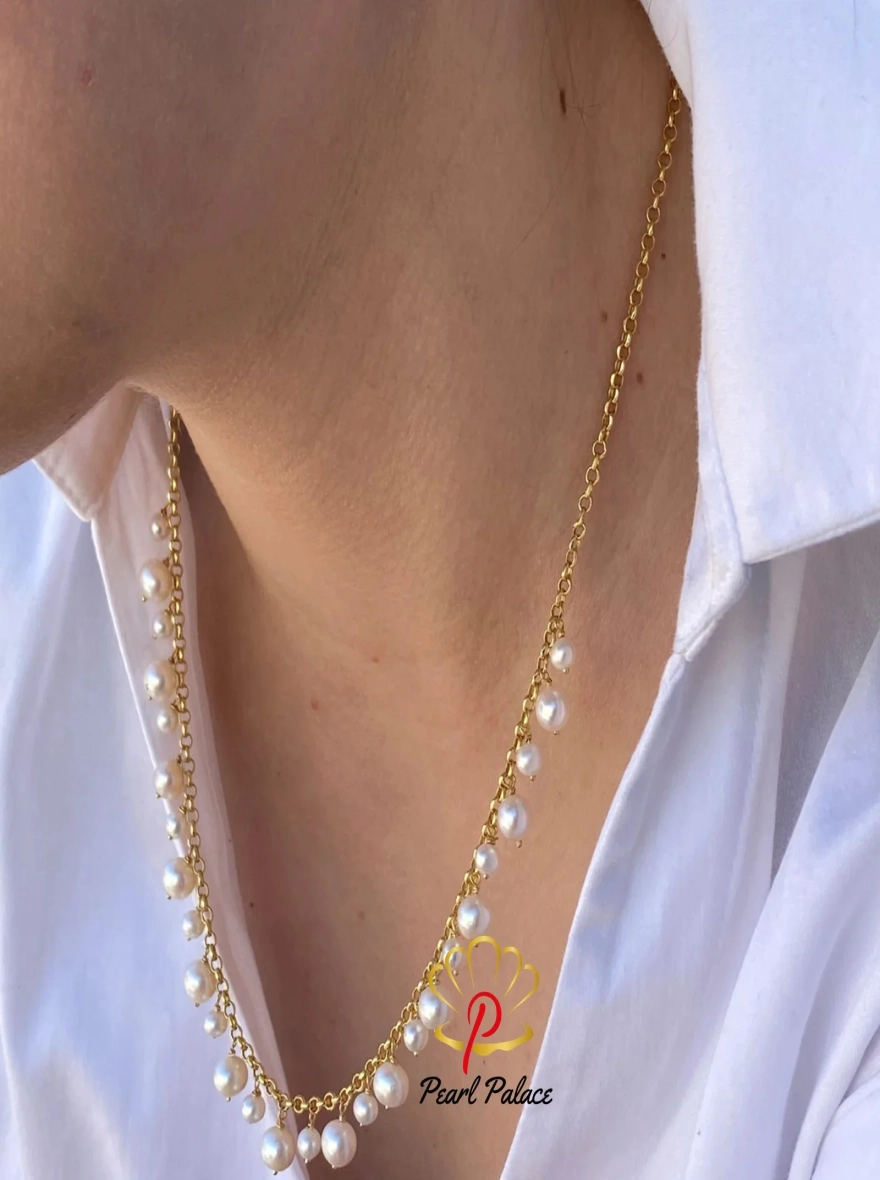 Seraphina Gold-Link Floating Pearl Fringe Necklace