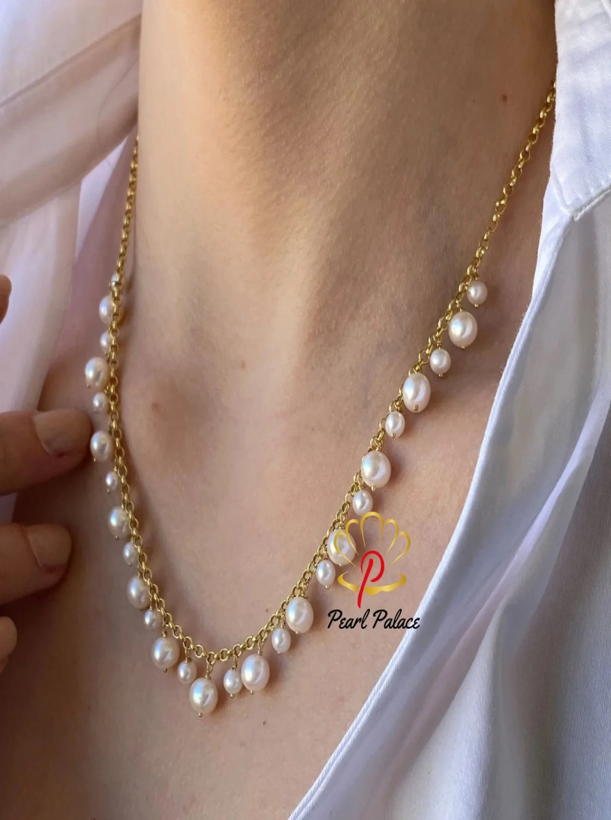 Seraphina Gold-Link Floating Pearl Fringe Necklace