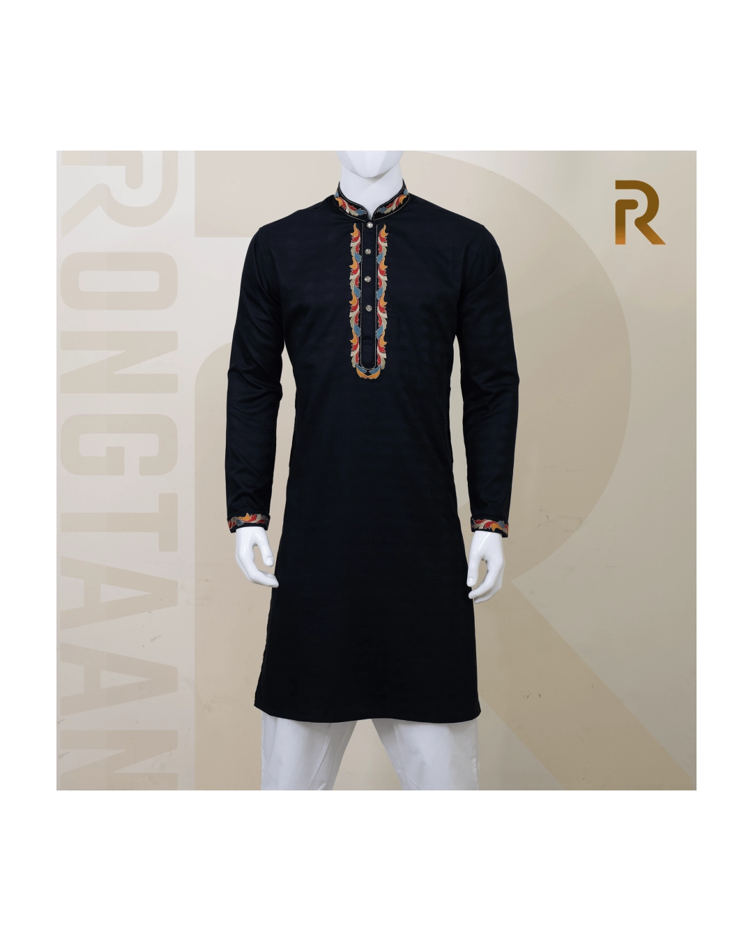 Black Elegance Embroidered Jacquard Panjabi