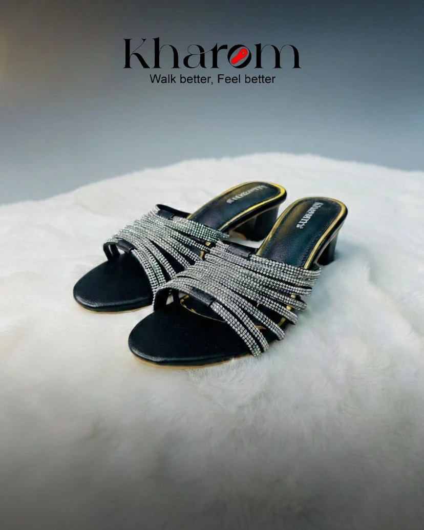 Midnight Rhinestone Strappy Block Heels