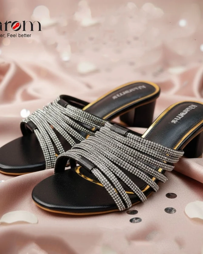 Midnight Rhinestone Strappy Block Heels