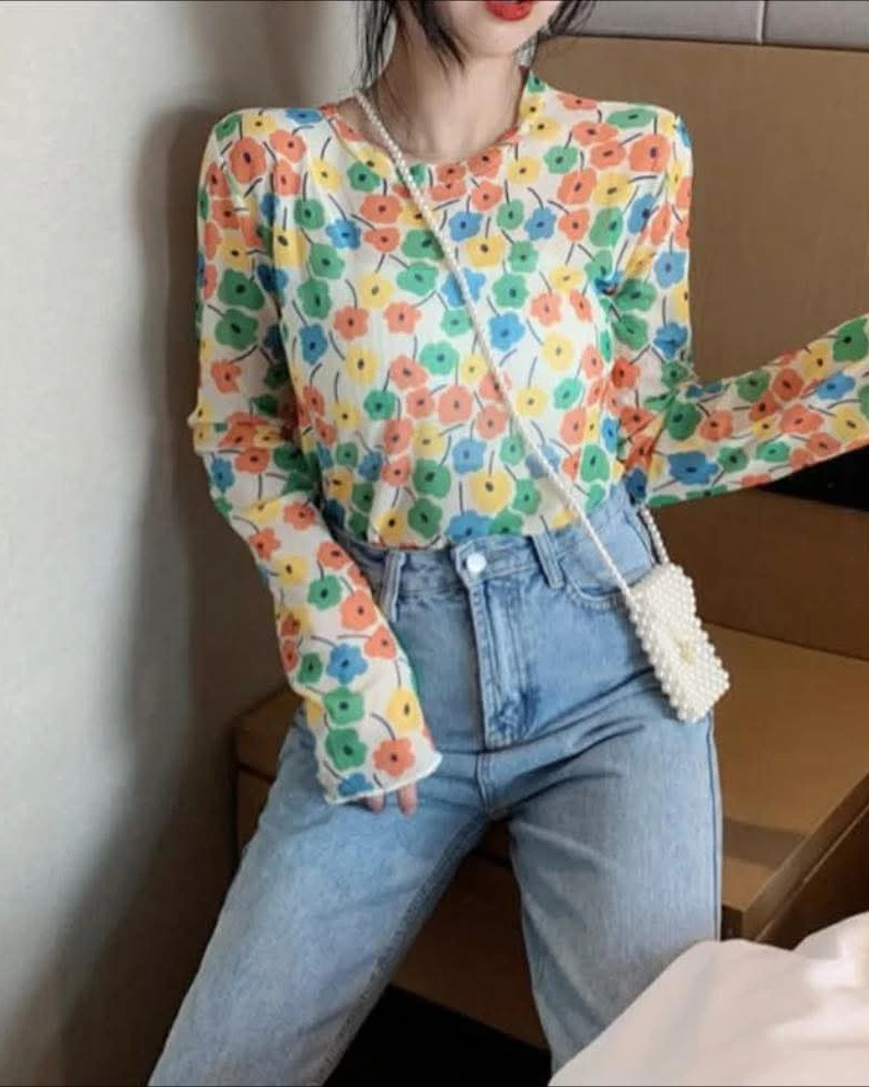 Bloom Garden Multi-Color Sheer Mesh Long Sleeve Top