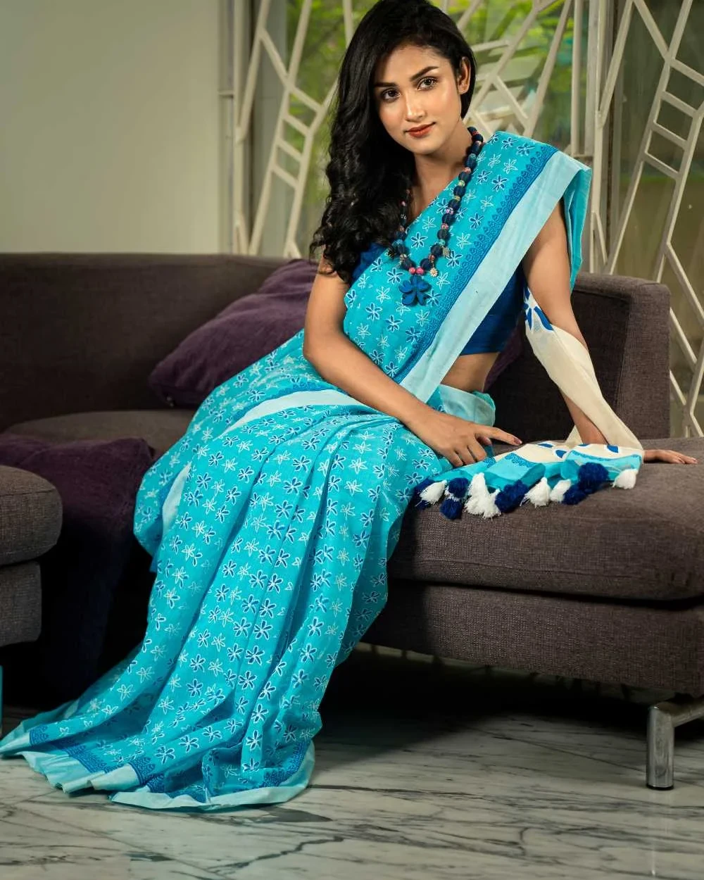 Ocean Blue Flower Blossom Saree