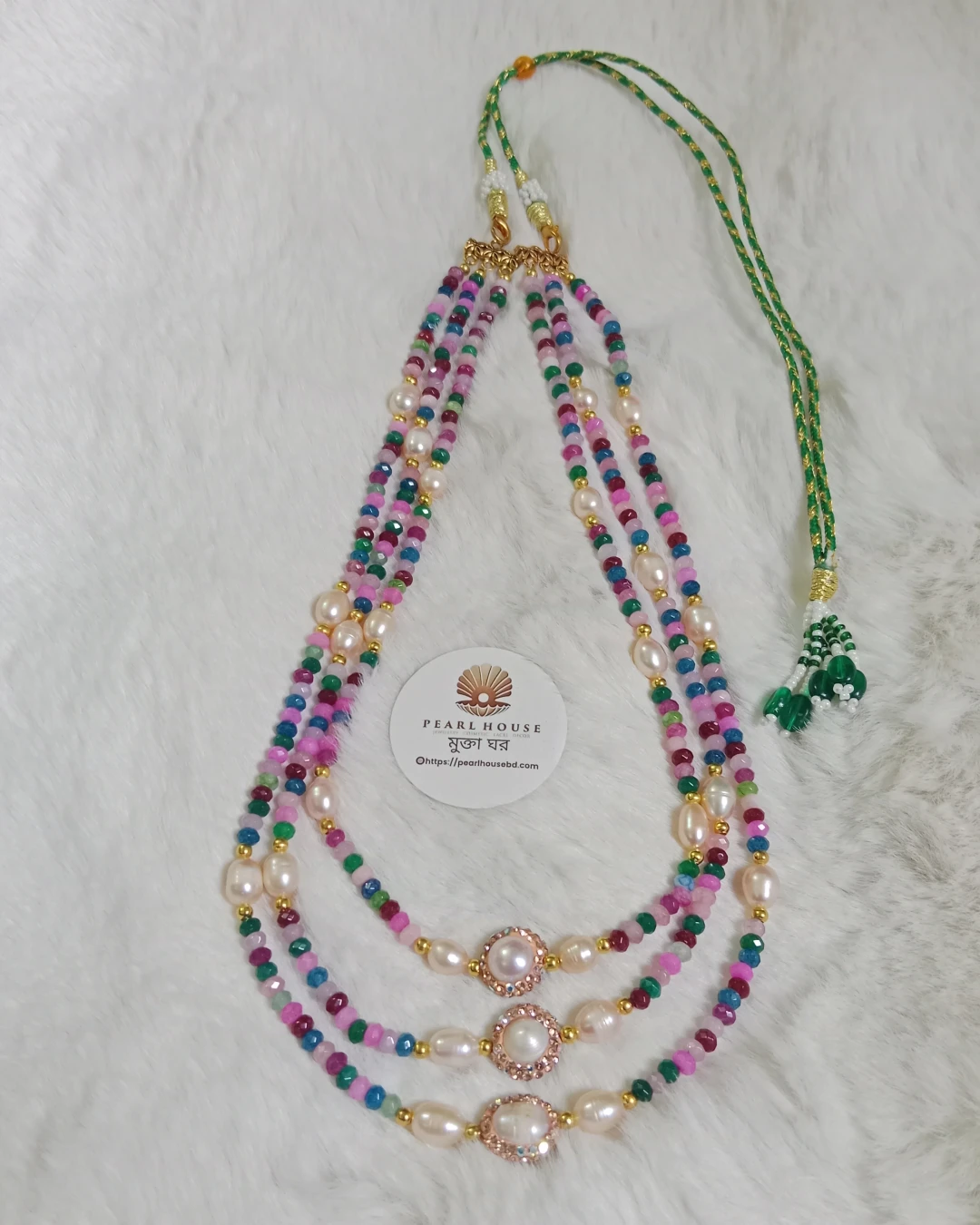 Original Pearl & Original Stone Combination 3 layer Necklace 