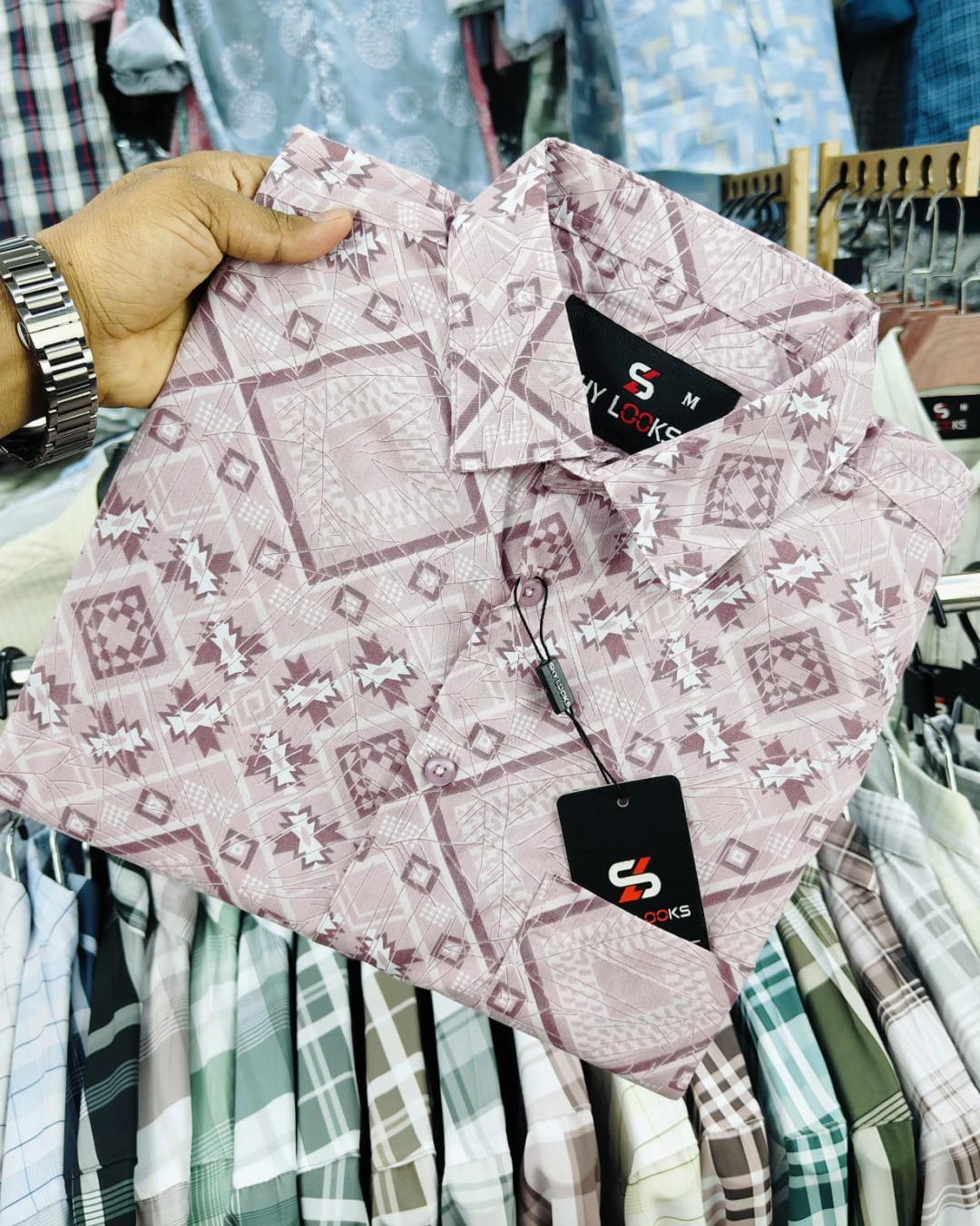 Mauve Geometric Tribal Print Cotton Shirt