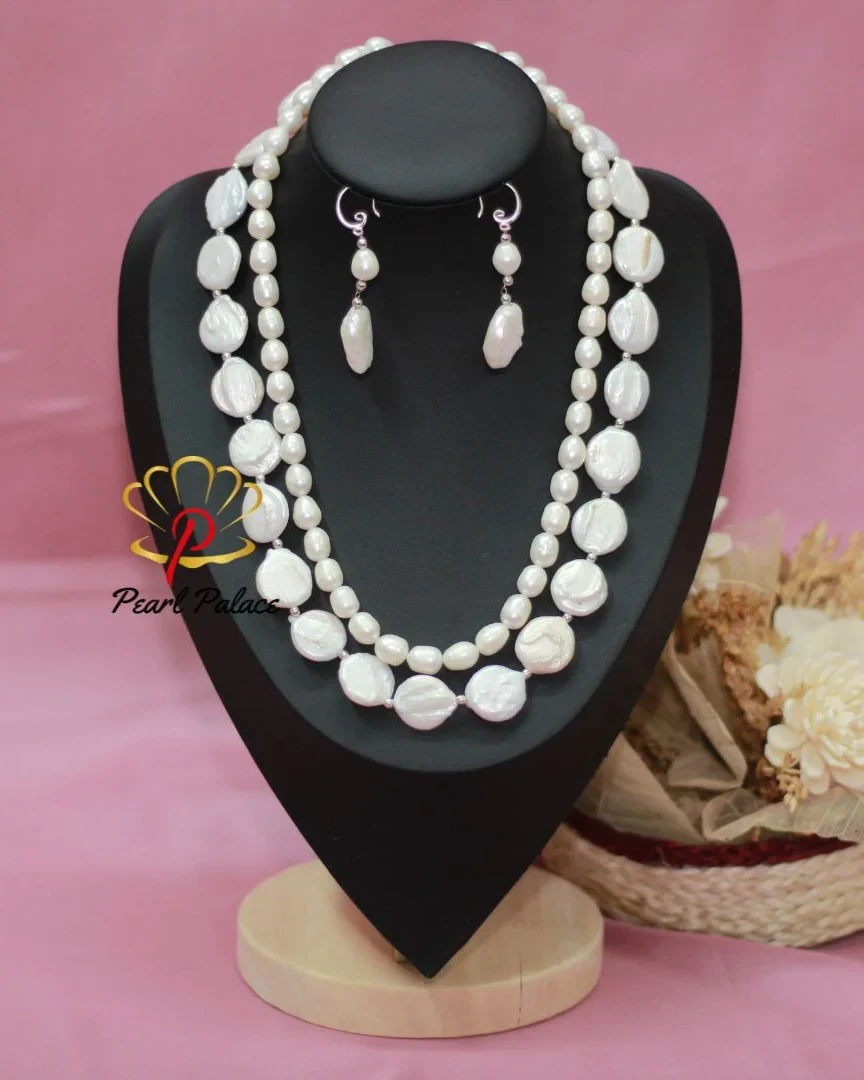 Elegant White Rice & Coin Pearl Necklace Set