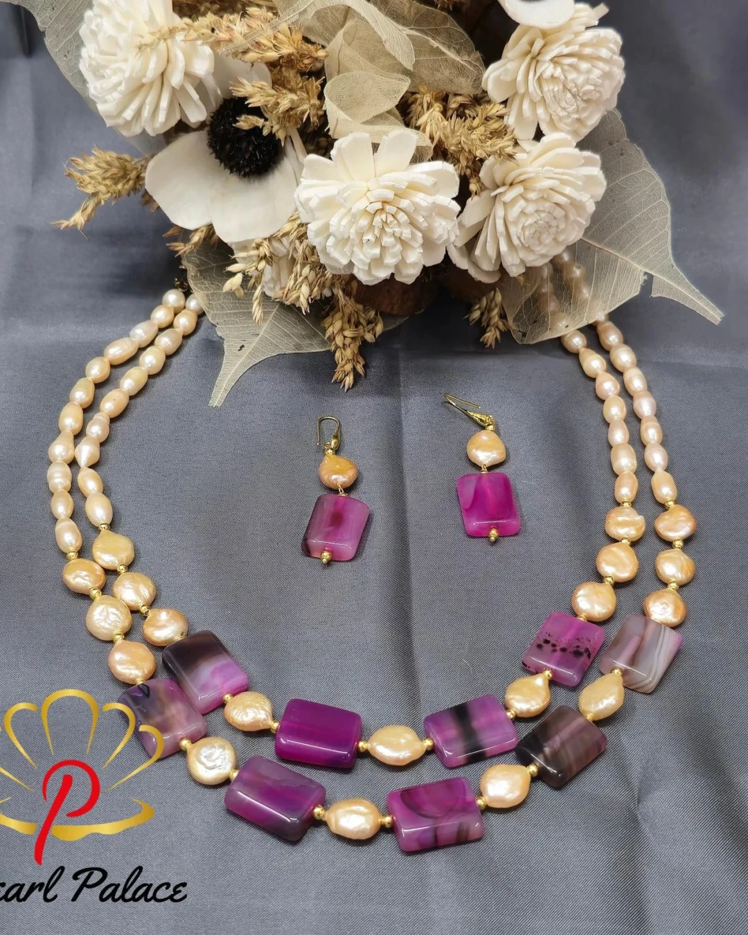 Rice pearl & coin pearl , Rubi stone 2 layer necklace with earring