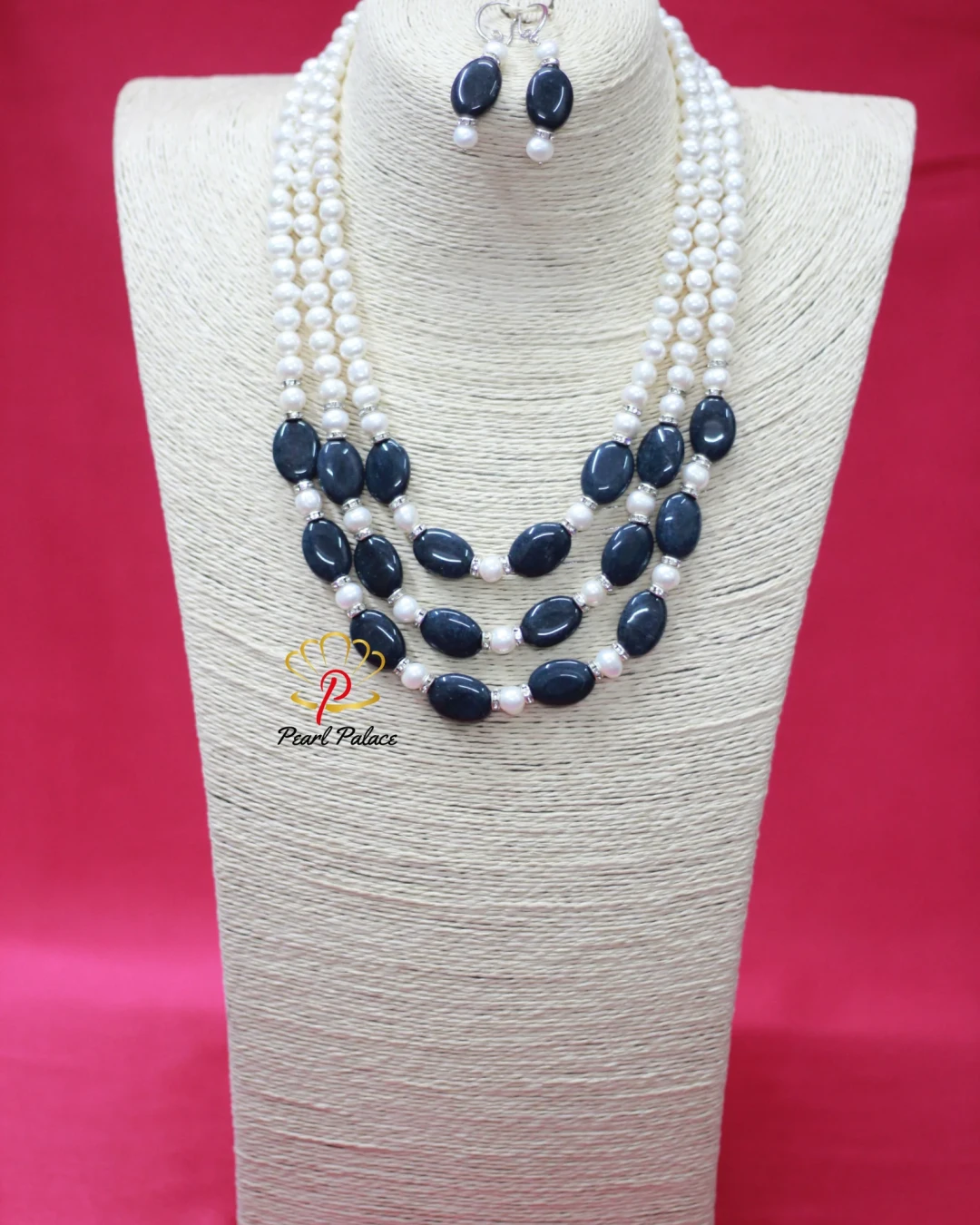 Elegant Freshwater Pearl & Sapphire Stone 3Layer Necklace with Earrings