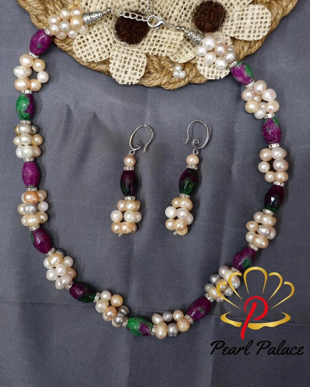 Elysian Charm: Freshwater Pearl & Gemstone Necklace with Earrings