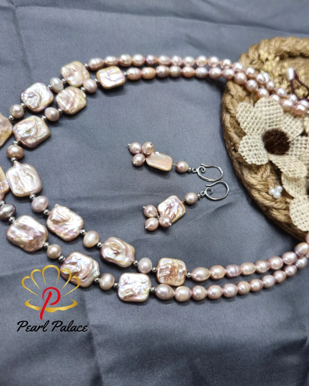 2layer Mother pearl & Rice pearl necklace with earring