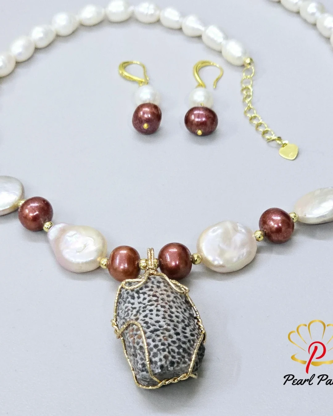 Rice pearl ,coin pearl, with coral seed stone pendant